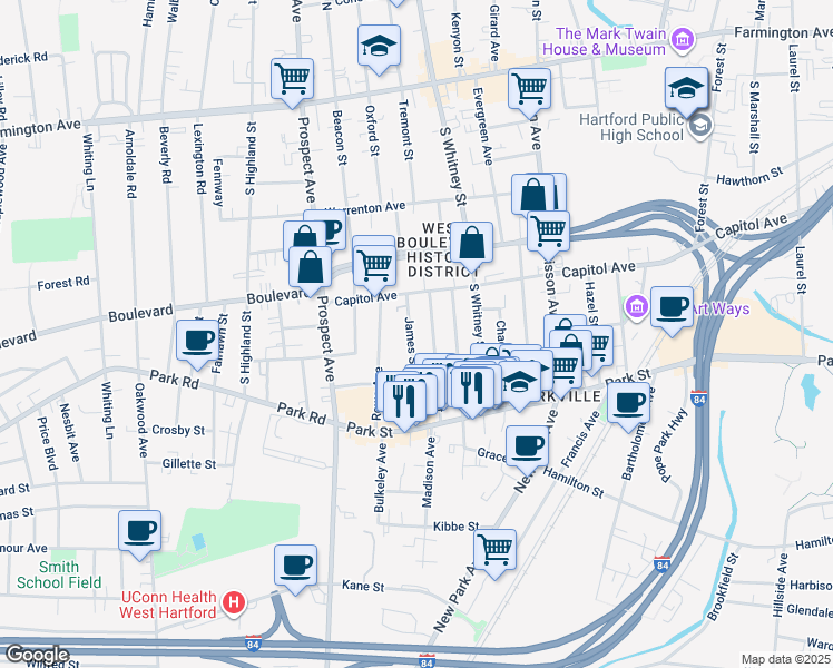map of restaurants, bars, coffee shops, grocery stores, and more near 64 James Street in Hartford