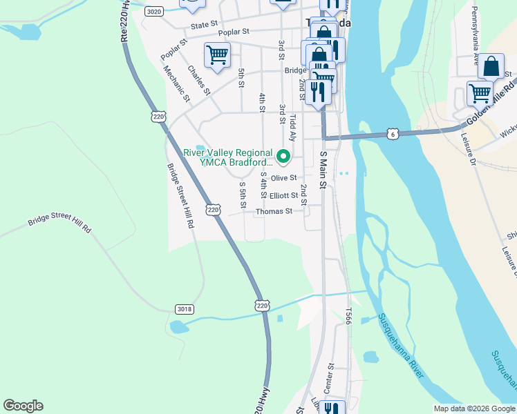 map of restaurants, bars, coffee shops, grocery stores, and more near 64-98 Thomas St in Towanda