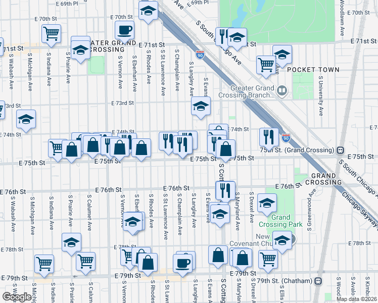 map of restaurants, bars, coffee shops, grocery stores, and more near 703 East 75th Street in Chicago