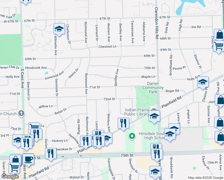 map of restaurants, bars, coffee shops, grocery stores, and more near 610 72nd Street in Darien