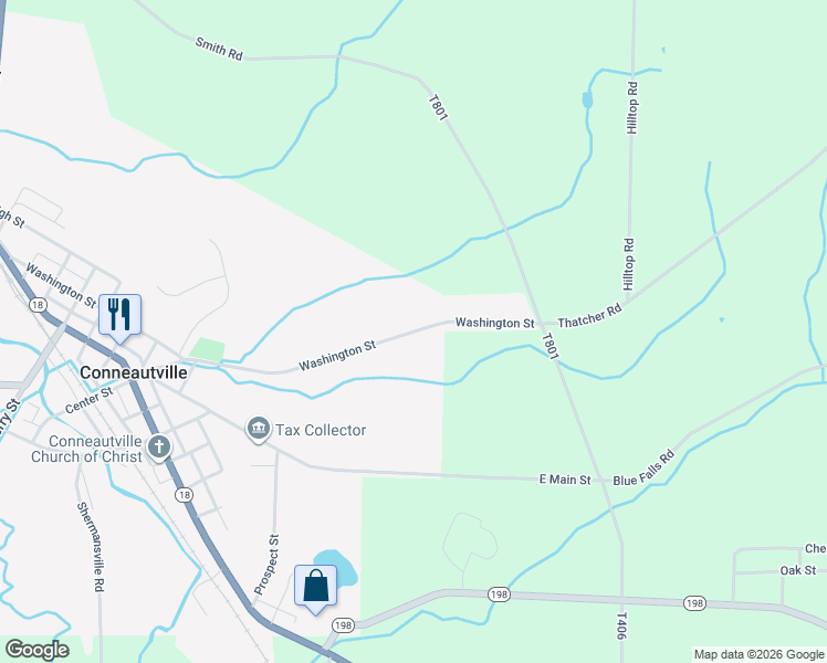 map of restaurants, bars, coffee shops, grocery stores, and more near Thatcher Road in Conneautville