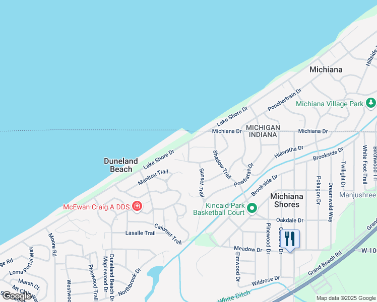 map of restaurants, bars, coffee shops, grocery stores, and more near 3600 Sunset Trail in Michiana Shores