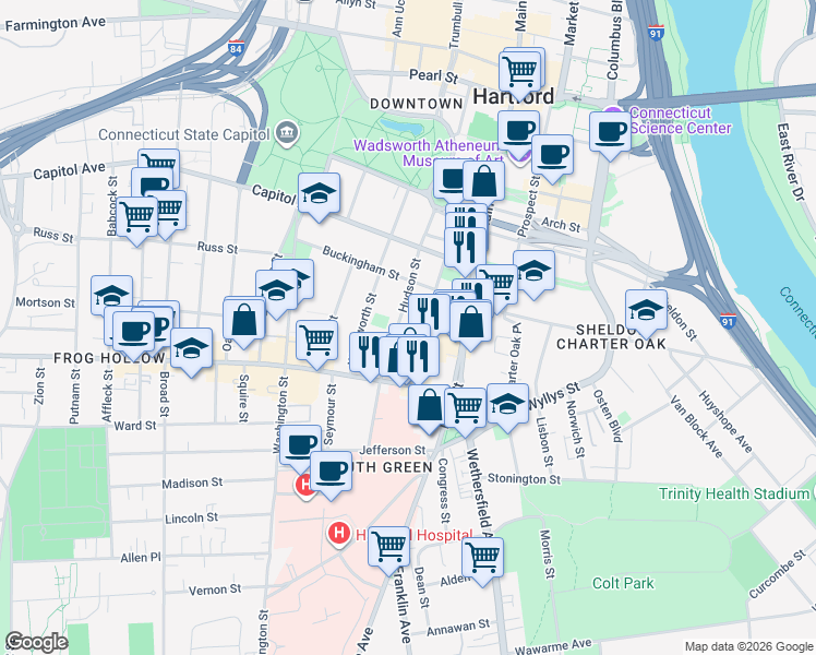 map of restaurants, bars, coffee shops, grocery stores, and more near 354 Hudson Street in Hartford
