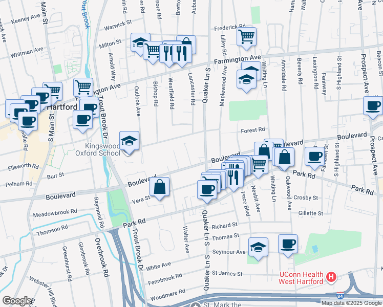 map of restaurants, bars, coffee shops, grocery stores, and more near 20 Vincent Street in West Hartford