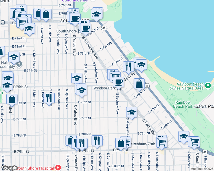 map of restaurants, bars, coffee shops, grocery stores, and more near E 75th St & S Colfax Ave in Chicago