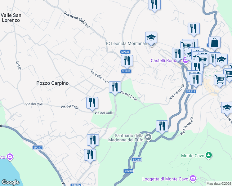 map of restaurants, bars, coffee shops, grocery stores, and more near Strada Provinciale 3b in Province of Rome