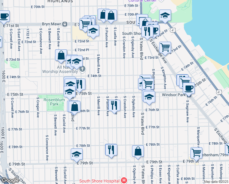 map of restaurants, bars, coffee shops, grocery stores, and more near 2224 East 75th Street in Chicago