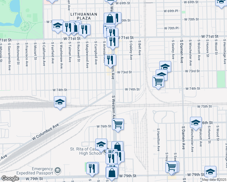 map of restaurants, bars, coffee shops, grocery stores, and more near 1617 West Columbus Avenue in Chicago