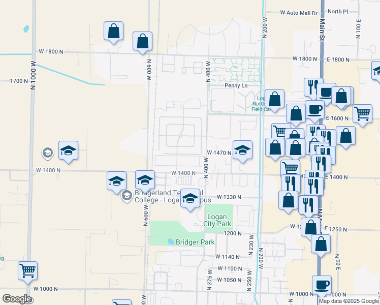 map of restaurants, bars, coffee shops, grocery stores, and more near 475 West 1465 North in Logan