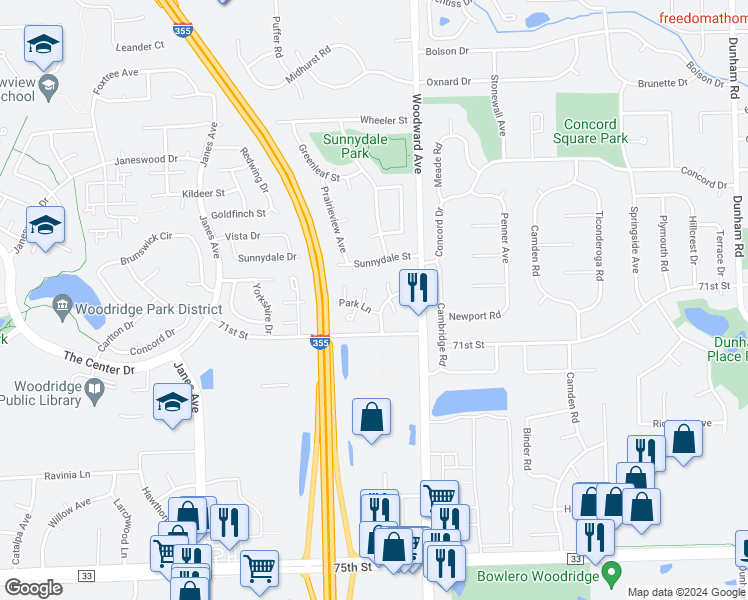 map of restaurants, bars, coffee shops, grocery stores, and more near 7010 Remington Court in Woodridge
