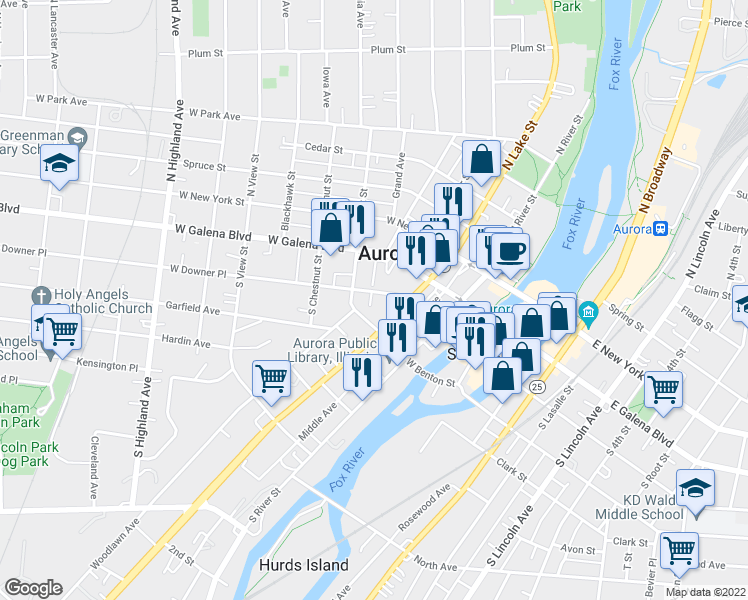 map of restaurants, bars, coffee shops, grocery stores, and more near 238 West Downer Place in Aurora