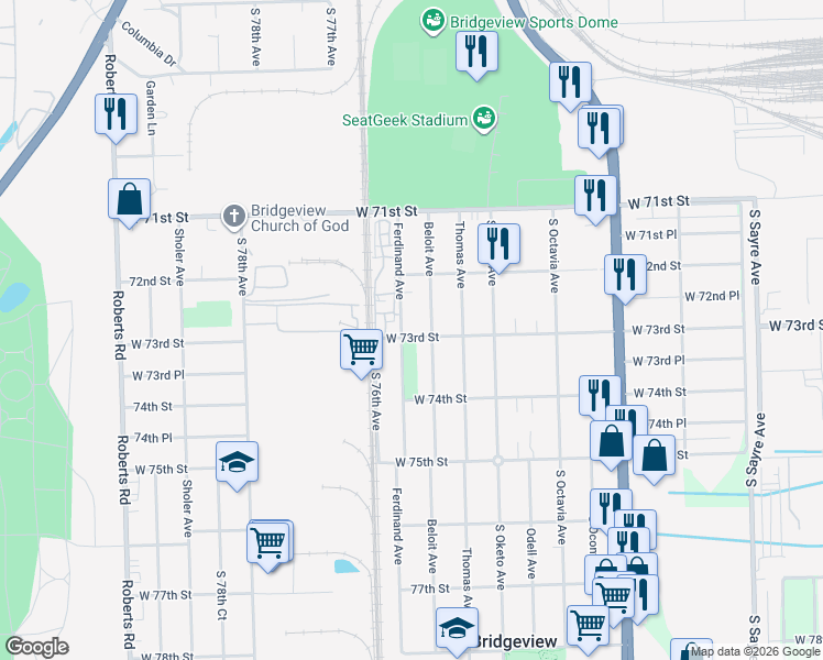 map of restaurants, bars, coffee shops, grocery stores, and more near 7300 Ferdinand Avenue in Bridgeview