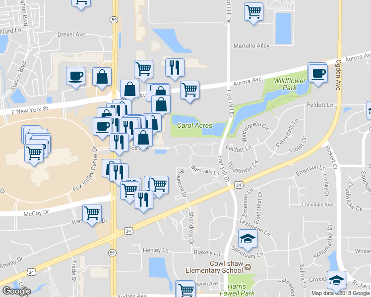 map of restaurants, bars, coffee shops, grocery stores, and more near 2612 Carrolwood Road in Naperville
