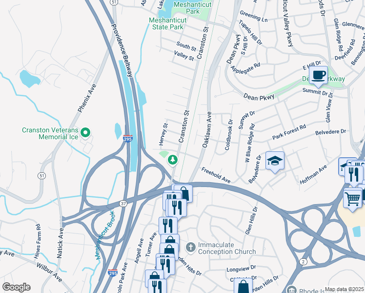 map of restaurants, bars, coffee shops, grocery stores, and more near 36 Sherman Avenue in Cranston