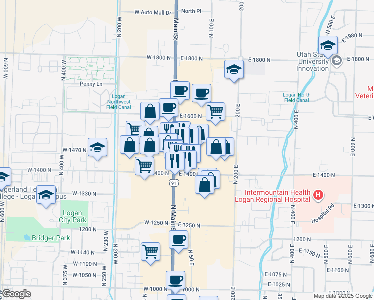 map of restaurants, bars, coffee shops, grocery stores, and more near 1458 North Main Street in Logan