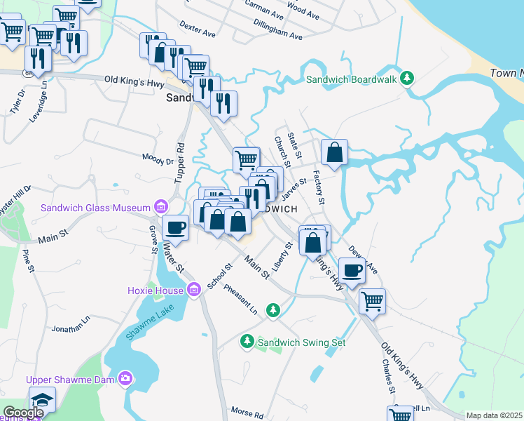 map of restaurants, bars, coffee shops, grocery stores, and more near 133 Massachusetts 6A in Sandwich