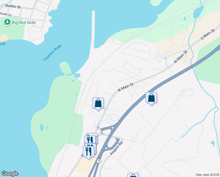 map of restaurants, bars, coffee shops, grocery stores, and more near 4692 North Main Street in Fall River