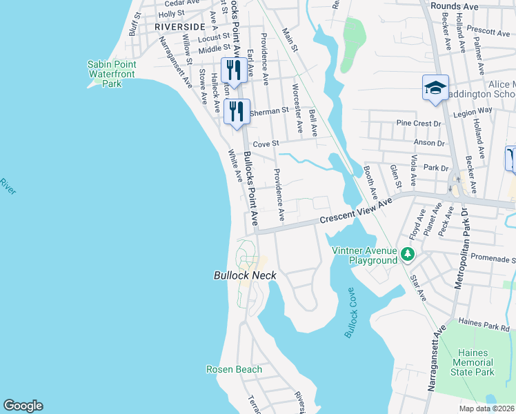 map of restaurants, bars, coffee shops, grocery stores, and more near 654 Bullocks Point Avenue in East Providence