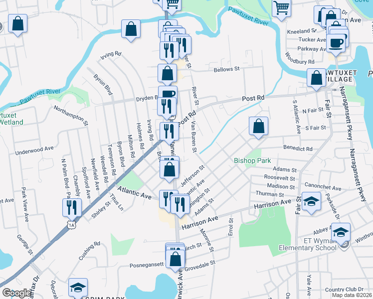 map of restaurants, bars, coffee shops, grocery stores, and more near 148 Aborn Avenue in Warwick