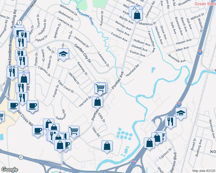 map of restaurants, bars, coffee shops, grocery stores, and more near 8 Harvard Street in Cranston