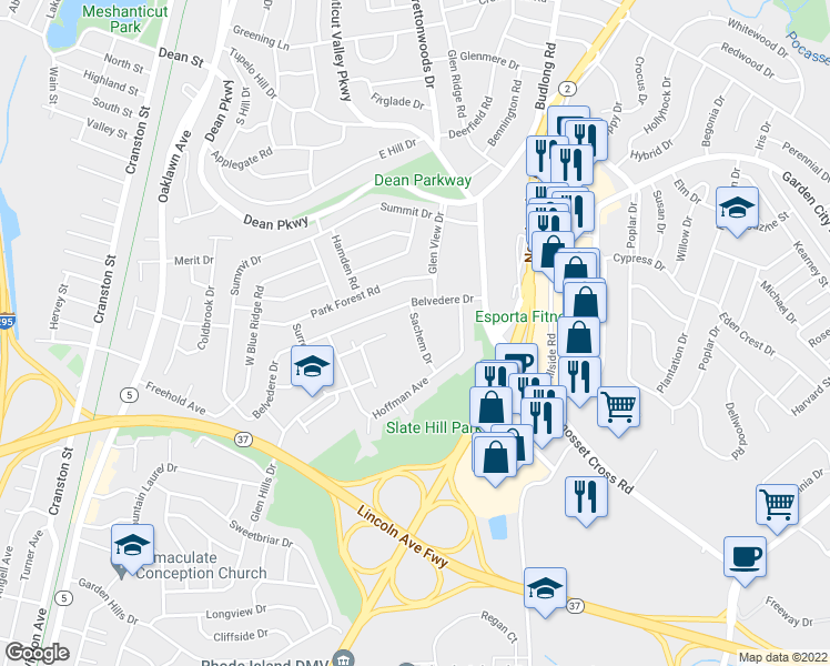 map of restaurants, bars, coffee shops, grocery stores, and more near 39 Sachem Drive in Cranston