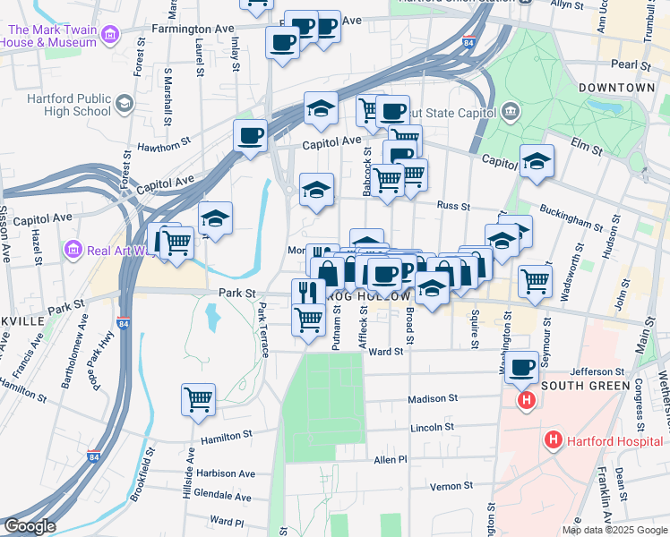 map of restaurants, bars, coffee shops, grocery stores, and more near in Hartford