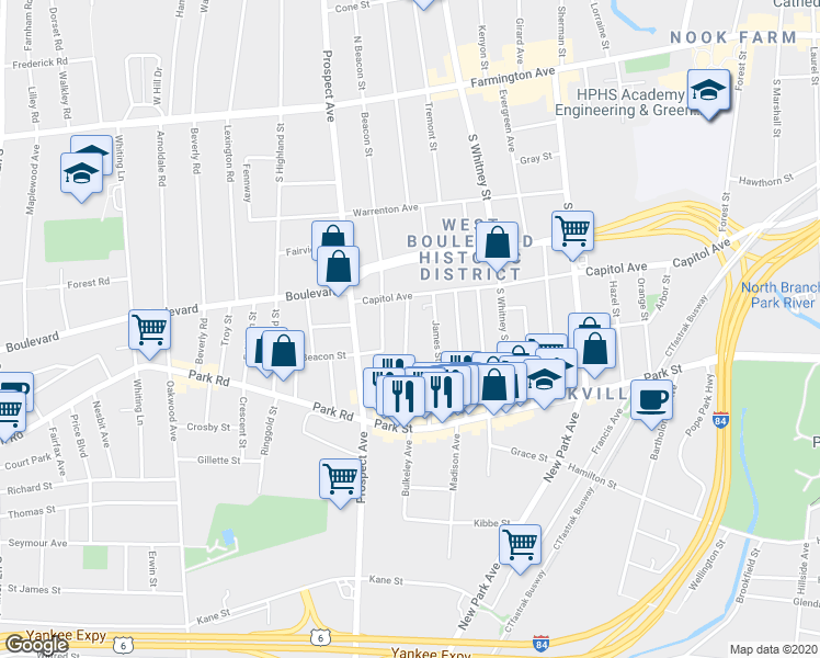 map of restaurants, bars, coffee shops, grocery stores, and more near 62-64 Rowe Avenue in Hartford