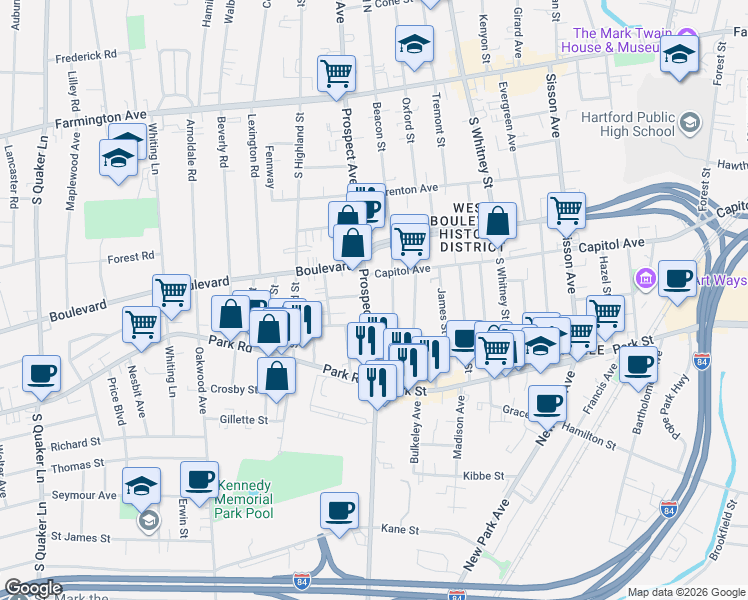 map of restaurants, bars, coffee shops, grocery stores, and more near 395 Prospect Avenue in Hartford