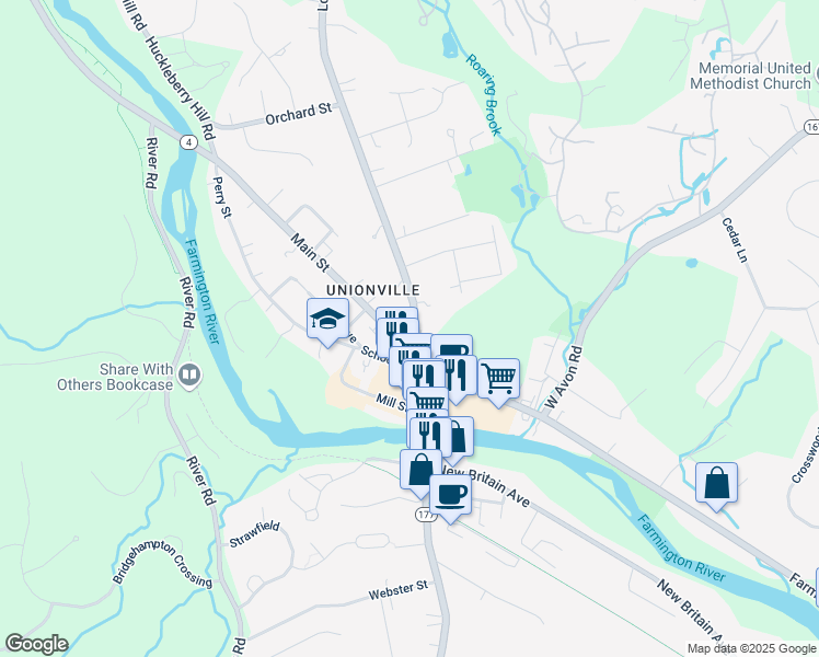 map of restaurants, bars, coffee shops, grocery stores, and more near 61 Main Street in Farmington