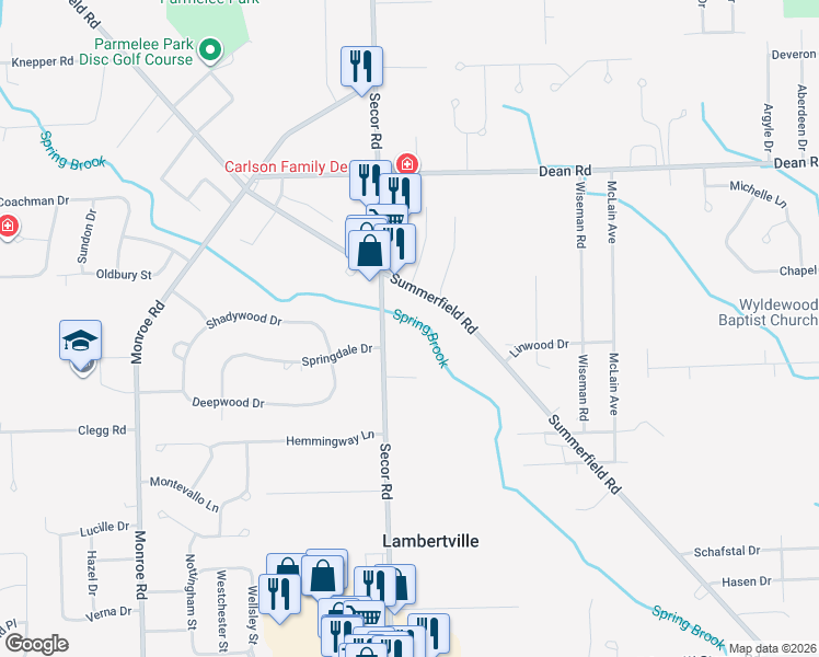 map of restaurants, bars, coffee shops, grocery stores, and more near 7932 Secor Road in Lambertville