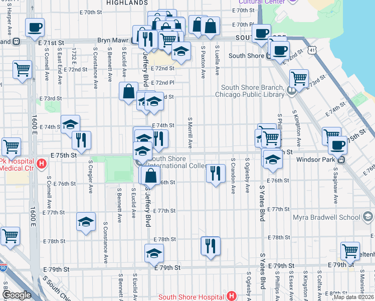 map of restaurants, bars, coffee shops, grocery stores, and more near 7514 South Merrill Avenue in Chicago