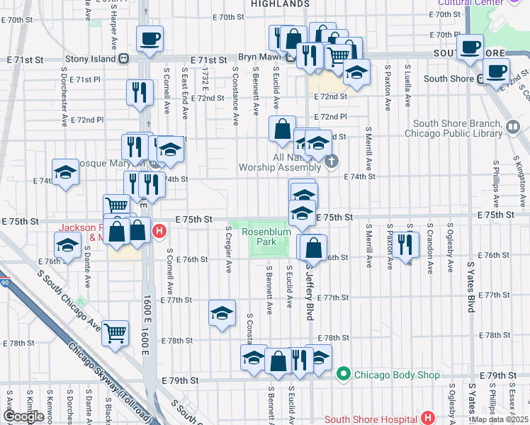 map of restaurants, bars, coffee shops, grocery stores, and more near 7517 East 75th Street in Chicago