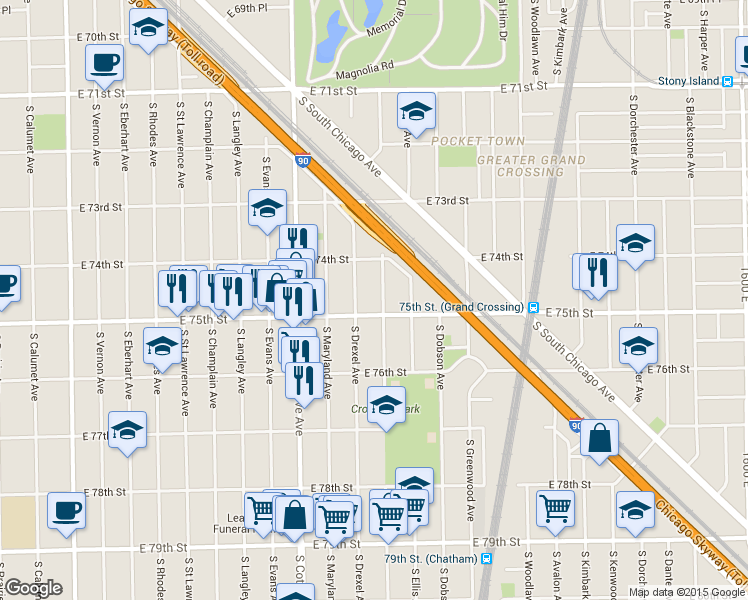 map of restaurants, bars, coffee shops, grocery stores, and more near 931 East 75th Street in Chicago