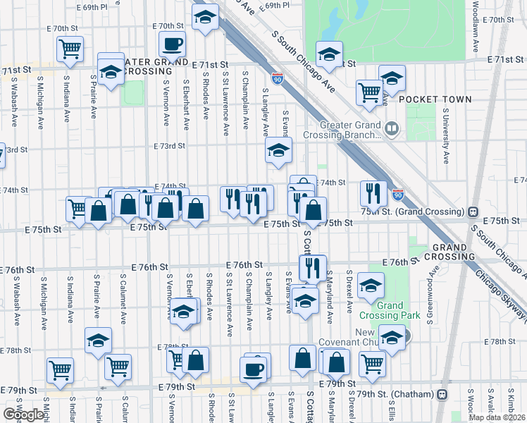 map of restaurants, bars, coffee shops, grocery stores, and more near 703 East 75th Street in Chicago