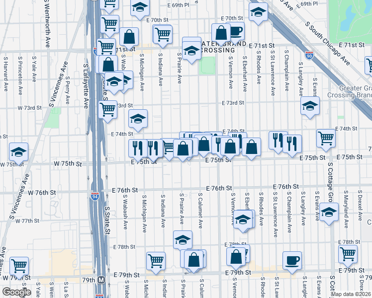 map of restaurants, bars, coffee shops, grocery stores, and more near 304 East 75th Street in Chicago