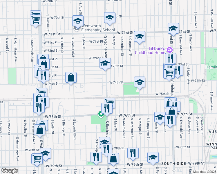 map of restaurants, bars, coffee shops, grocery stores, and more near 7434 South Racine Avenue in Chicago