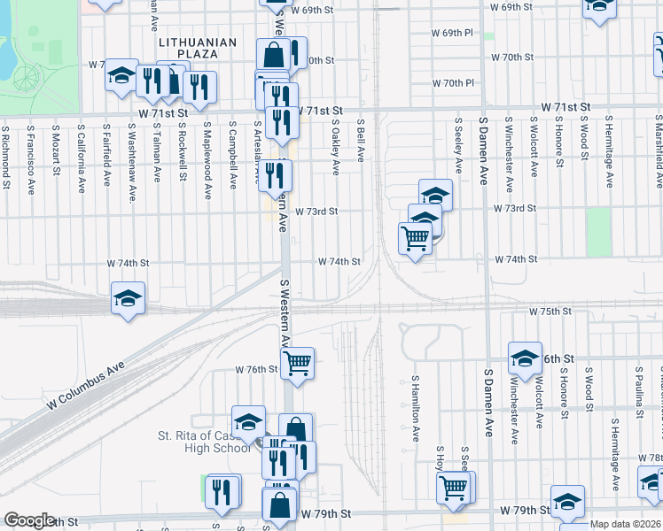 map of restaurants, bars, coffee shops, grocery stores, and more near 7420 South Oakley Avenue in Chicago