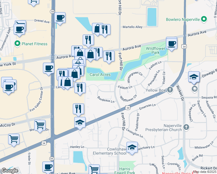 map of restaurants, bars, coffee shops, grocery stores, and more near 2506 Carrolwood Road in Naperville