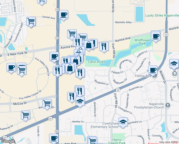 map of restaurants, bars, coffee shops, grocery stores, and more near 726 Blossom Court in Naperville