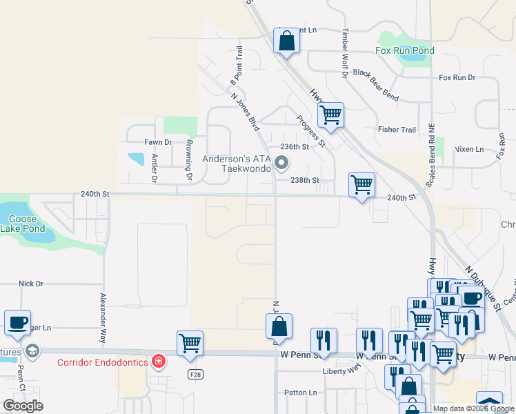 map of restaurants, bars, coffee shops, grocery stores, and more near 1300 Logan Court in North Liberty