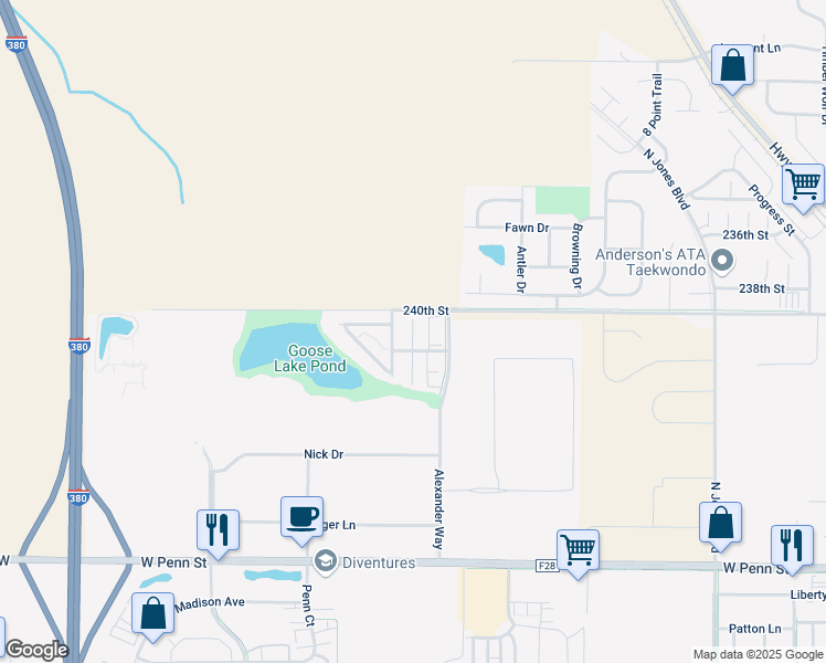 map of restaurants, bars, coffee shops, grocery stores, and more near 1190 Nolan Court in North Liberty