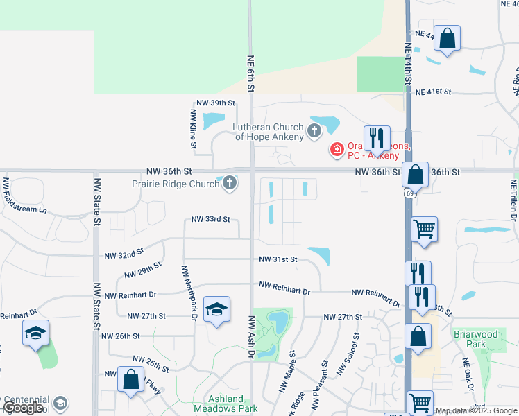 map of restaurants, bars, coffee shops, grocery stores, and more near Northwest Amherst Lane in Ankeny