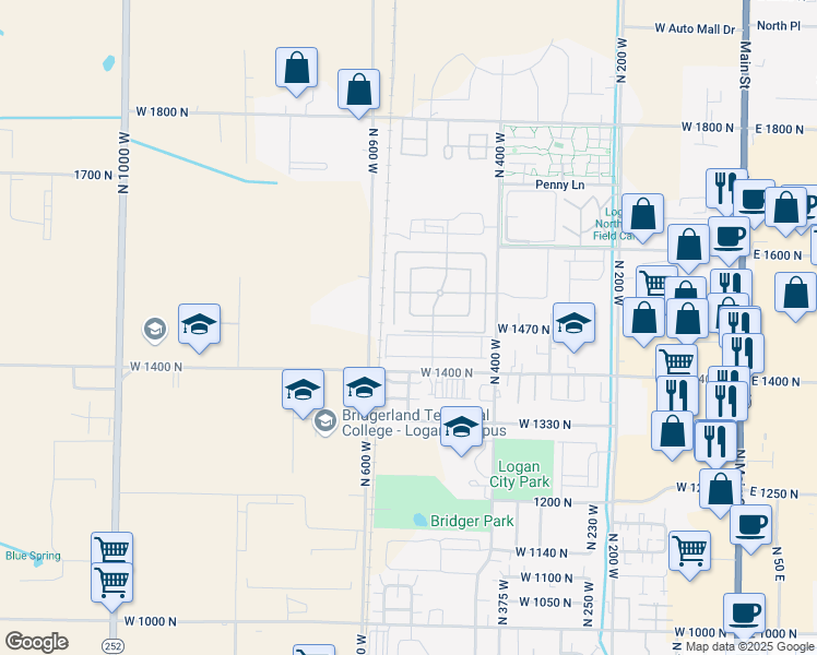 map of restaurants, bars, coffee shops, grocery stores, and more near 539 West 1465 North in Logan