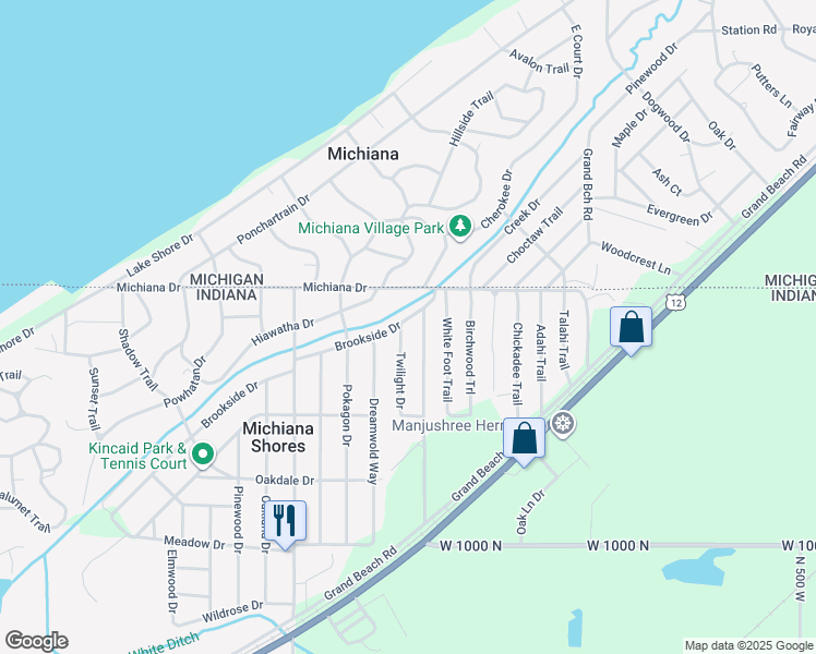 map of restaurants, bars, coffee shops, grocery stores, and more near 203 Shady Oak Drive in Michigan City