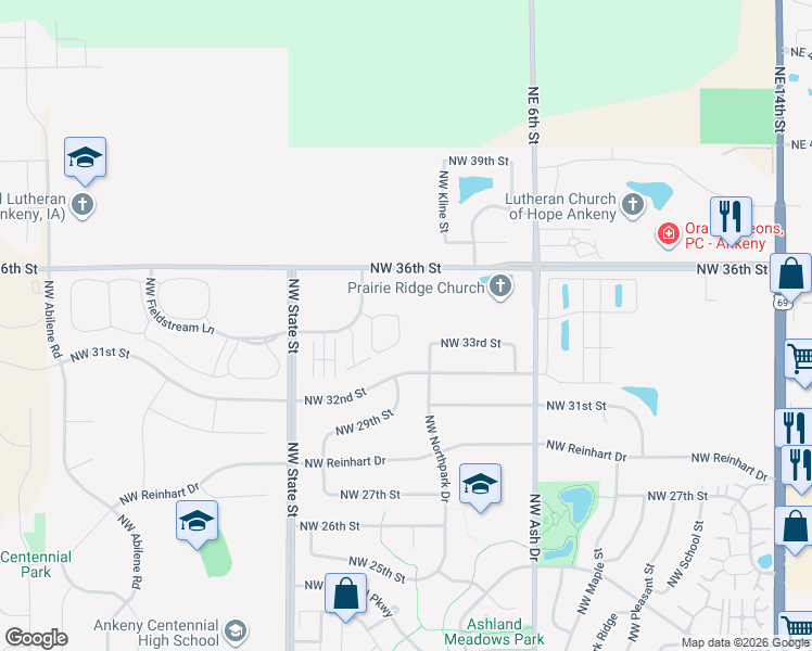 map of restaurants, bars, coffee shops, grocery stores, and more near 3216 Northwest Northpark Drive in Ankeny