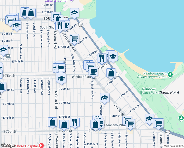 map of restaurants, bars, coffee shops, grocery stores, and more near S Exchange Ave & E 75th St in Chicago
