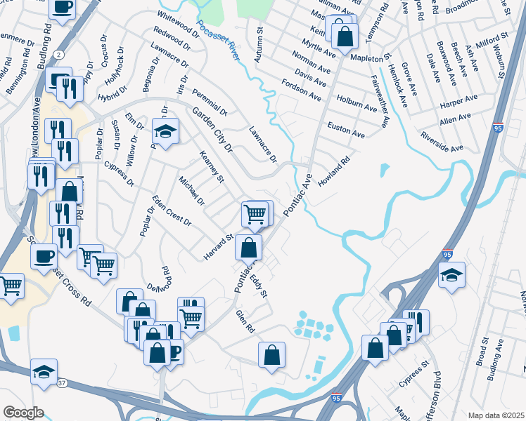 map of restaurants, bars, coffee shops, grocery stores, and more near 36 Capuano Avenue in Cranston