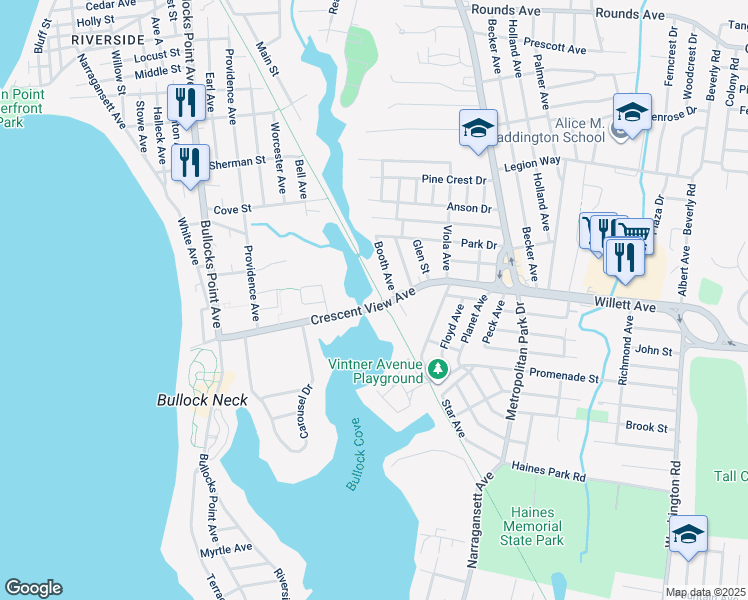 map of restaurants, bars, coffee shops, grocery stores, and more near 114 Crescent View Avenue in East Providence