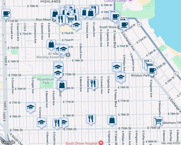 map of restaurants, bars, coffee shops, grocery stores, and more near 7514 South Paxton Avenue in Chicago