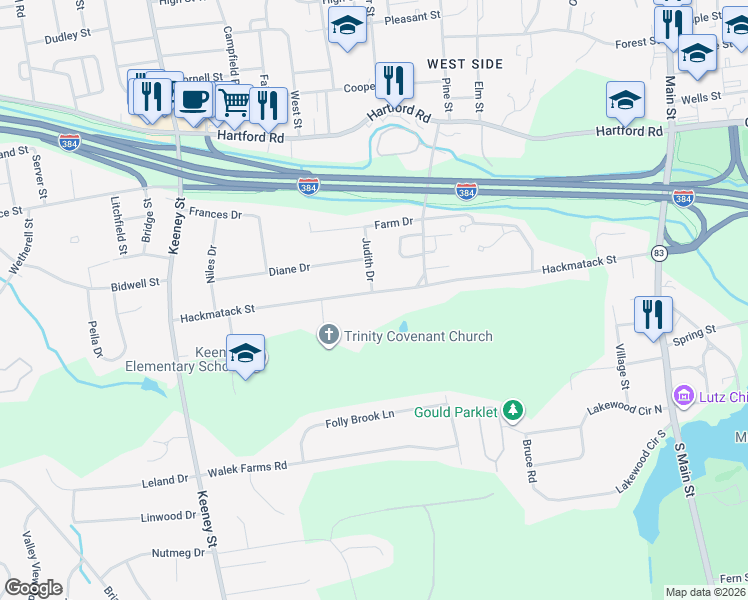 map of restaurants, bars, coffee shops, grocery stores, and more near 256 Hackmatack Street in Manchester